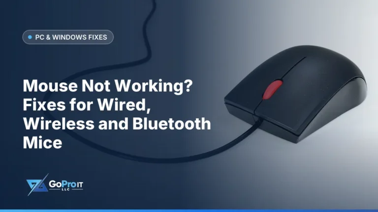 Black wired computer mouse with a red scroll wheel on white